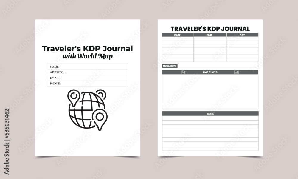 Traveler's KDP Journal with word map KDP Interior design.  Printable logbook