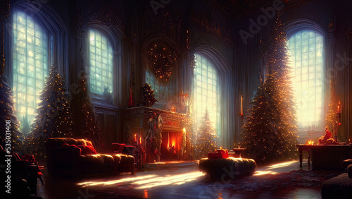 Christmas decorations on a winter holiday window. Frozen evening window  garlands  lanterns  Christmas tree. Holiday and fun atmosphere. Dark festive interior. 3D illustration.