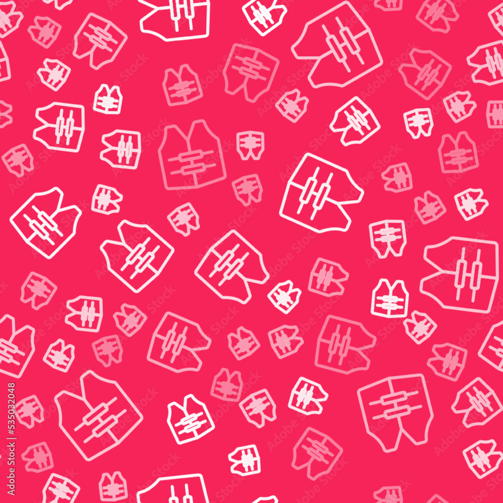 White line Life jacket icon isolated seamless pattern on red background. Life vest icon. Extreme sport. Sport equipment. Vector White line Life jacket icon isolated seamless pattern on red background. Life vest icon. Extreme sport. Sport equipment. Vector