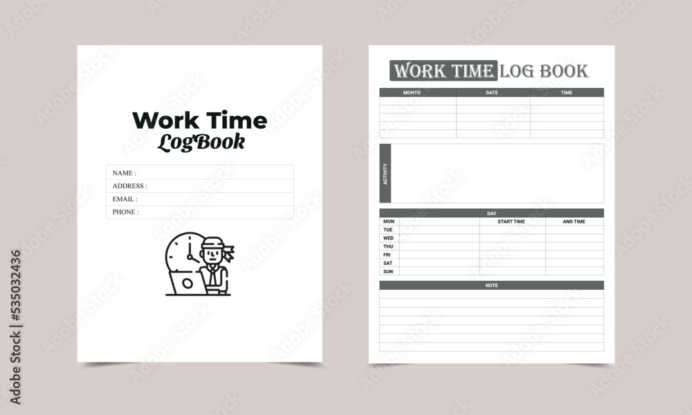 Printable Work time Logbook. Time Log Tracker. Work Time Management Tracker.