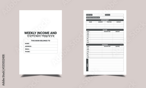 weekly income and expense tracker KDP Interior design.  Printable logbook