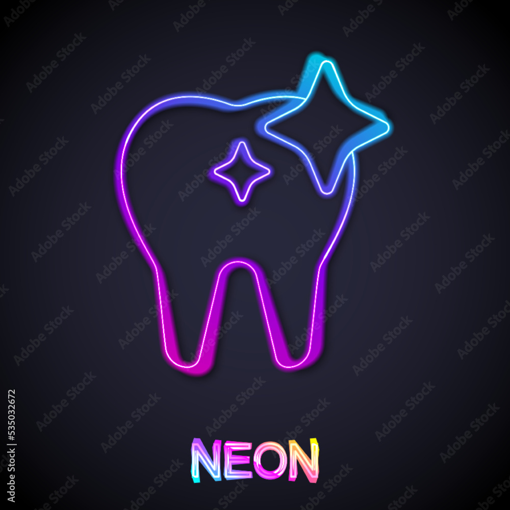 Obraz premium Glowing neon line Tooth whitening concept icon isolated on black background. Tooth symbol for dentistry clinic or dentist medical center. Vector