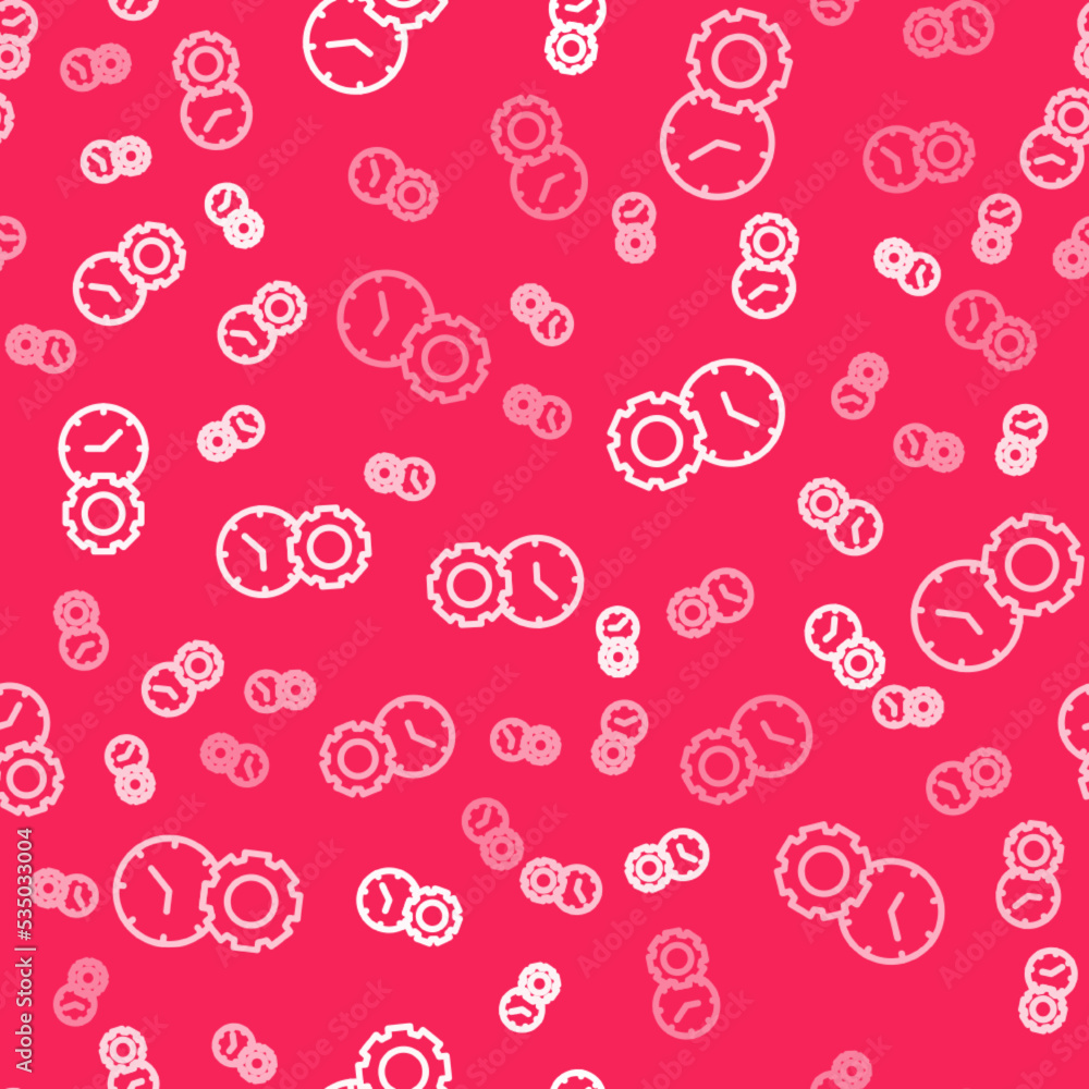 White line Time management icon isolated seamless pattern on red background. Clock and gear sign. Productivity symbol. Vector White line Time management icon isolated seamless pattern on red background. Clock and gear sign. Productivity symbol. Vector