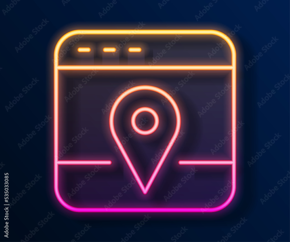 Glowing neon line Infographic of city map navigation icon isolated on black background. Mobile App Interface concept design. Geolacation concept. Vector Glowing neon line Infographic of city map navigation icon isolated on black background. Mobile App Interface concept design. Geolacation concept. Vector