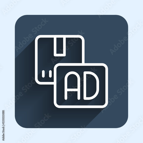 White line Advertising icon isolated with long shadow background. Concept of marketing and promotion process. Responsive ads. Social media advertising. Blue square button. Vector