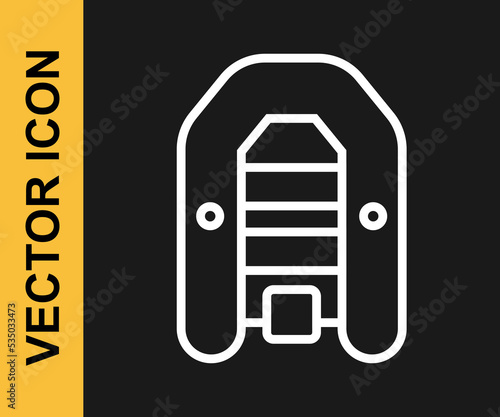 White line Inflatable boat with outboard motor icon isolated on black background. Vector