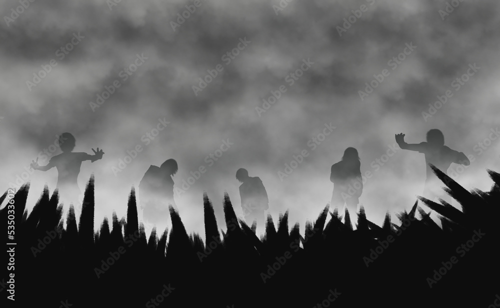 The silhouette of a horde of scary zombies walking in the night. Halloween background. Digital art style. illustration painting The silhouette of a horde of scary zombies walking in the night. Halloween background. Digital art style. illustration painting