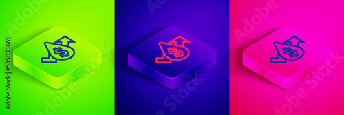 Isometric line Oil price increase icon isolated on green, blue and pink background. Oil industry crisis concept. Square button. Vector