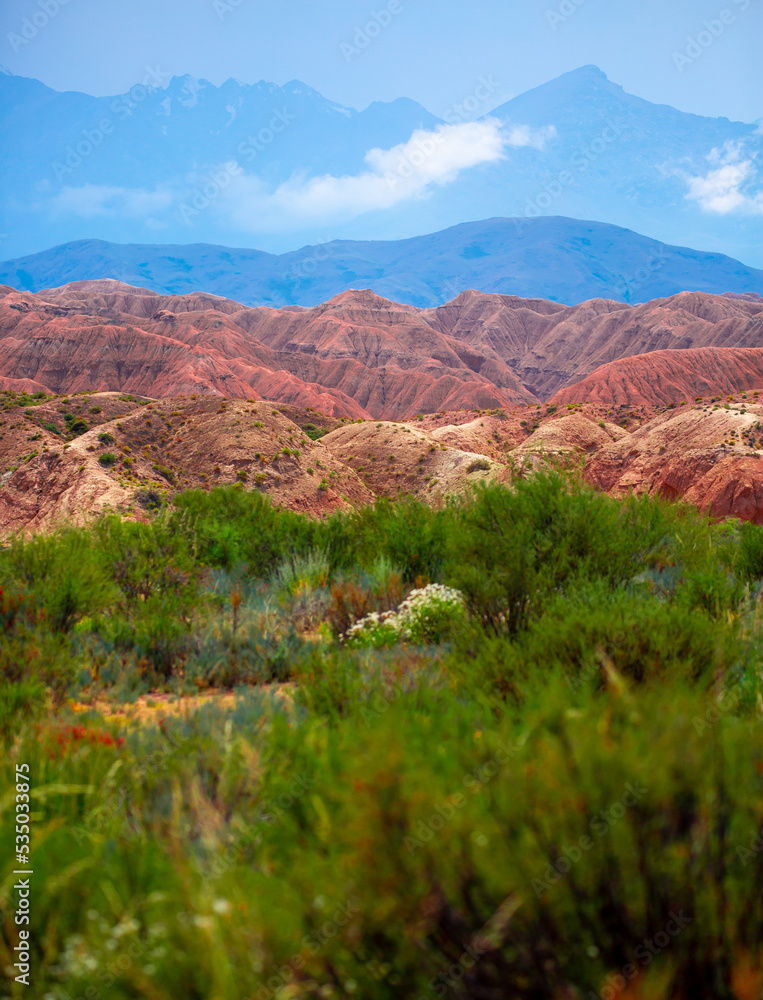 Obraz premium Natural unusual landscape of red rocks against the backdrop of blue mountains. The extraordinary beauty of nature is similar to the Martian landscape. Amazingly beautiful landscape.