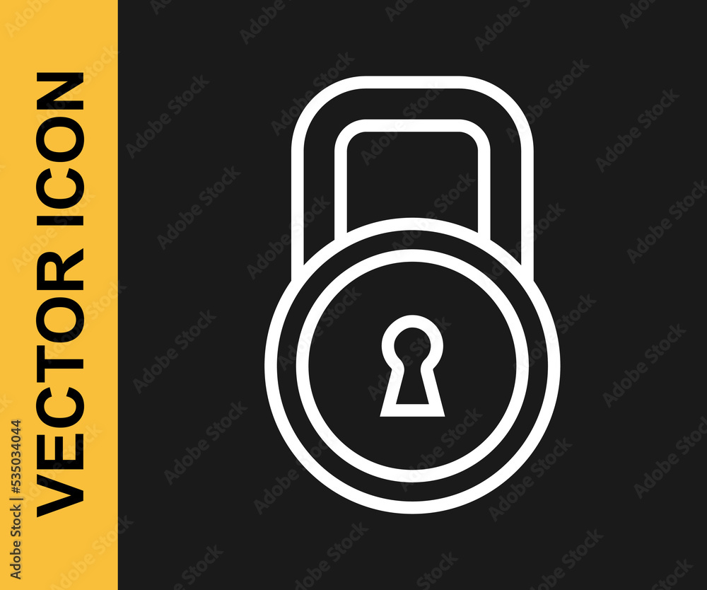 White line Lock icon isolated on black background. Padlock sign. Security, safety, protection, privacy concept. Vector White line Lock icon isolated on black background. Padlock sign. Security, safety, protection, privacy concept. Vector