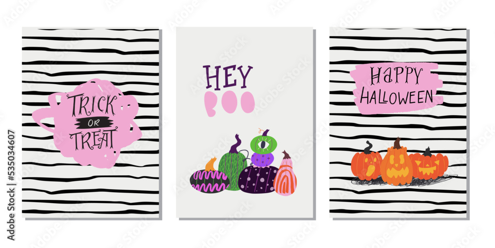 Set of three hand drawn autumn holidays greeting cards or posters with lettering text and painted pumpkins. Handwritten inscriptions Happy Halloween, Trick Or Treat, Hey Boo with carved Jack O’lantern
