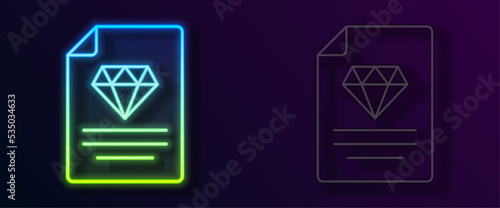 Glowing neon line Certificate of the diamond icon isolated on black background. Vector
