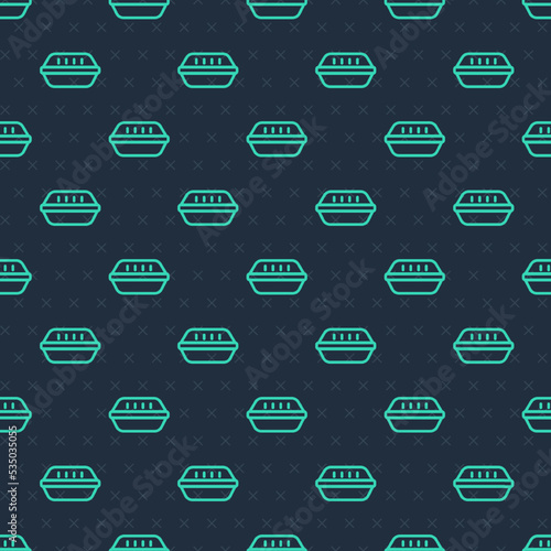 Green line Lunch box icon isolated seamless pattern on blue background. Vector