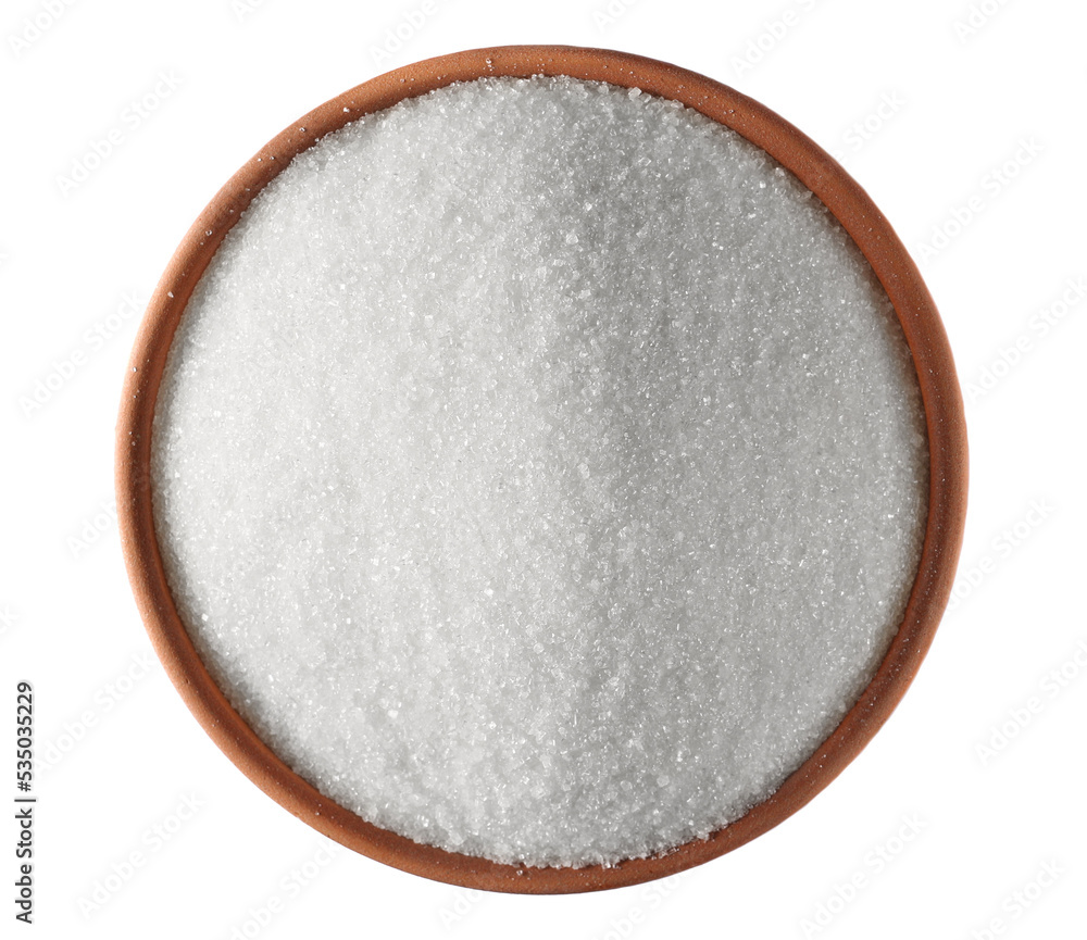 White refined sugar pile (beet) in clay pot, isolated on white, top view White refined sugar pile (beet) in clay pot, isolated on white, top view