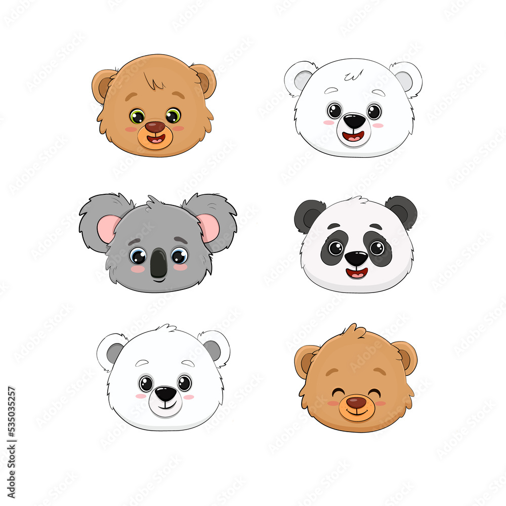 set of cute cartoon bears faces.Teddy bear, polar bear, koala, panda. 