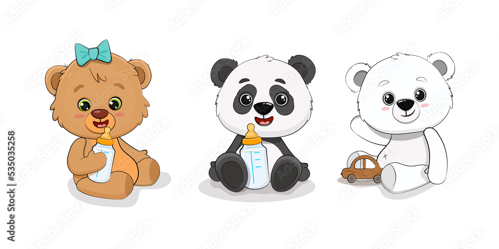 Set of cute bears.Teddy bear, polar bear and panda cub with milk bottle and toy. Set of cartoon baby animals. 