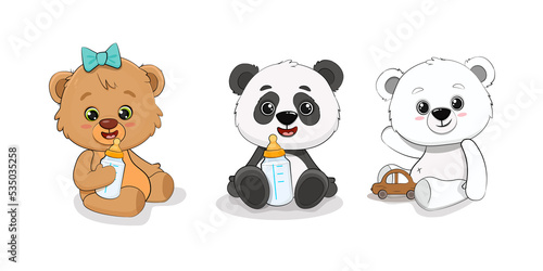 Set of cute bears.Teddy bear, polar bear and panda cub with milk bottle and toy. Set of cartoon baby animals. 