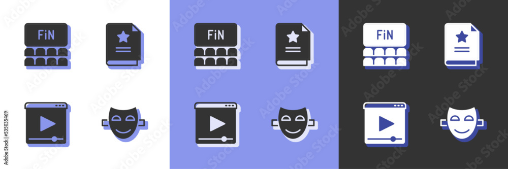 Set Comedy theatrical mask, Cinema auditorium with screen, Online play video and Scenario icon. Vector
