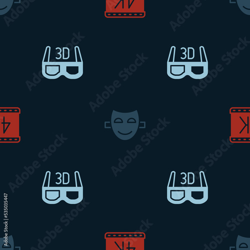 Set 4k movie  Comedy theatrical mask and 3D cinema glasses on seamless pattern. Vector