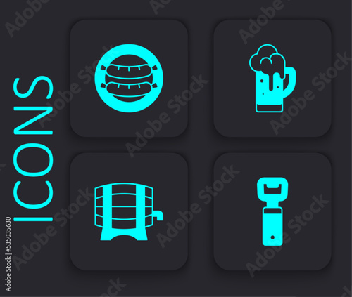 Set Bottle opener, Sausage, Glass of beer and Wooden barrel on rack icon. Black square button. Vector