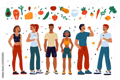 Cartoon athletic people. Diet nutrition. Happy characters. Healthy food. Vegetables and fruits. Toned persons figures. Avocado and salmon. Slim bodies. Fitness eating. Garish vector set © VectorBum