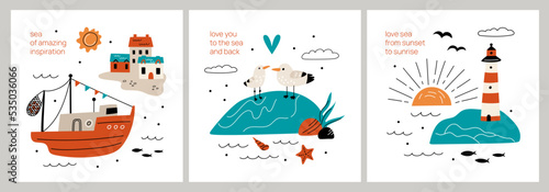 Cartoon sea life cards. Ocean travel. Resort town elements. Cute marine objects. Sunrise landscape. Fishing boat. Seagulls or fish. Island lighthouse. Summer holiday. Garish vector set