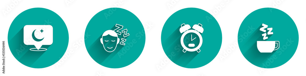 Set Moon and stars, Dreams, Alarm clock and Chamomile tea icon with long shadow. Vector Set Moon and stars, Dreams, Alarm clock and Chamomile tea icon with long shadow. Vector