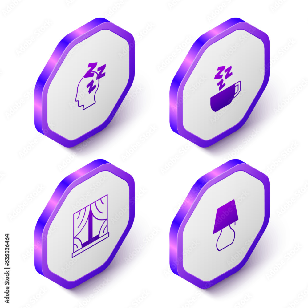 Set Isometric Dreams, Chamomile tea, Window with curtains and Table lamp icon. Purple hexagon button. Vector Set Isometric Dreams, Chamomile tea, Window with curtains and Table lamp icon. Purple hexagon button. Vector