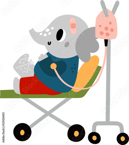 Cute patient animal. Sick cartoon character. Elephant on medical gurney with dropper. Injured creature in hospital. Ambulance clinic help. Medicine and treatment. Vector illustration