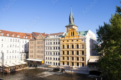Prague, Czech Republic - The view on the water of buildings from the Charles Bridge