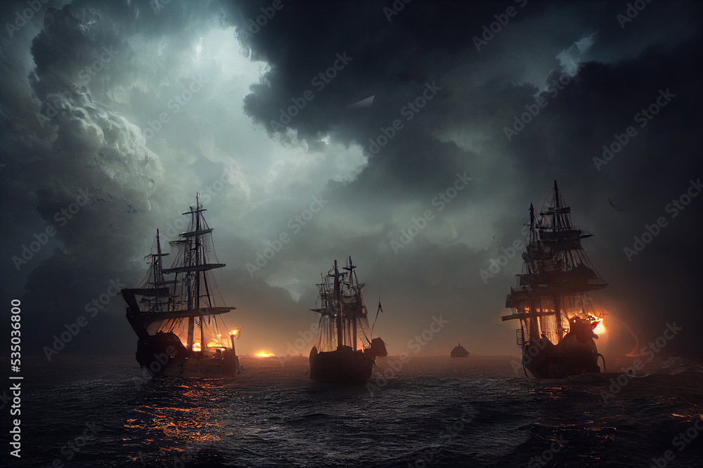Naklejka premium Fighting pirates ships
