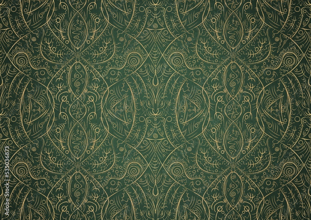 Hand-drawn unique abstract gold ornament on a green warm background, with vignette of darker background color. Paper texture. Digital artwork, A4. (pattern: p08-2b)