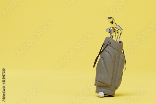 golf equipment. golf clubs in a case and a ball on a yellow background. copy paste, copy space. 3D render