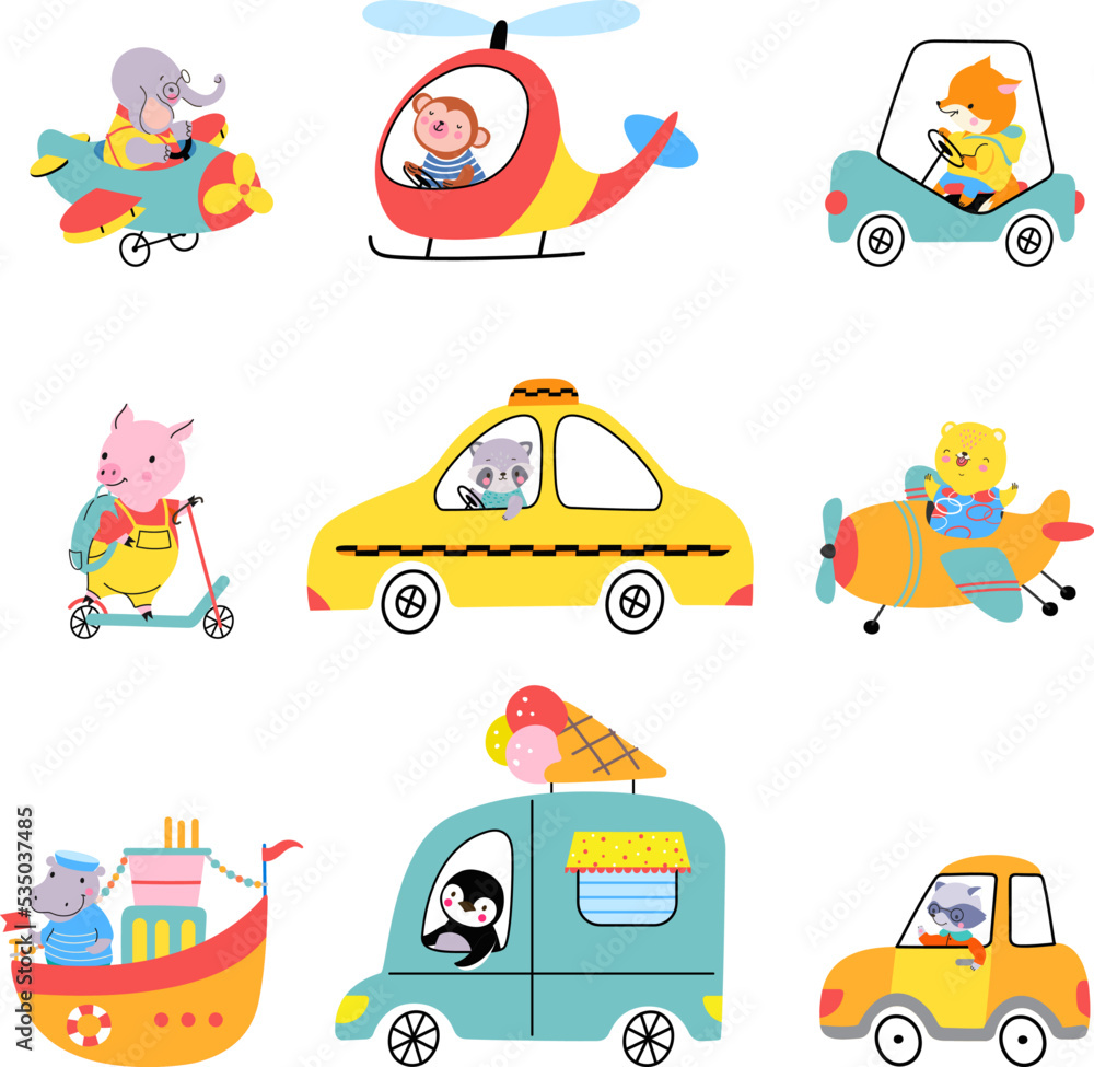Obraz premium Cute cartoon animals driving auto, flying helicopter and swim on ship. Funny pig ride on scooter, raccoon taxi driver. Childish stickers nowaday vector collection
