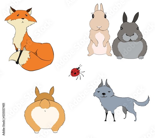 Set of cute funny animals on white background: fox, wolf, pair of rabbits, corgi dog, ladybug