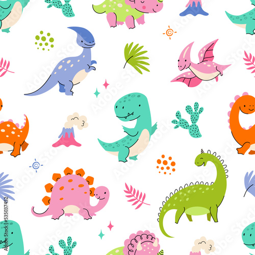 Dinosaur seamless pattern. Sweet cartoon dinosaurs clothes print template. Flat dino kid background. Cute childish wild animals nowaday vector texture