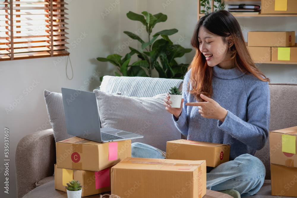 Young Asian SME businessman starting a small and boxed SME business as an online business. Online SME business concept. Young Asian SME businessman starting a small and boxed SME business as an online business. Online SME business concept.