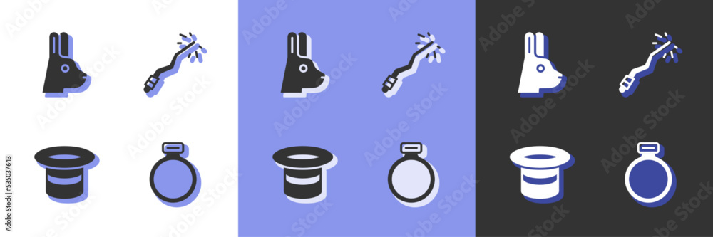 Set Magic stone ring, Rabbit with ears, hat and wand icon. Vector Set Magic stone ring, Rabbit with ears, hat and wand icon. Vector
