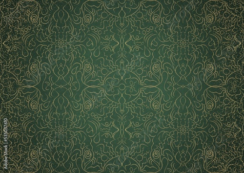 Hand-drawn unique abstract gold ornament on a green warm background, with vignette of darker background color and splatters of golden glitter. Paper texture. Digital artwork, A4. (pattern: p07-1b)