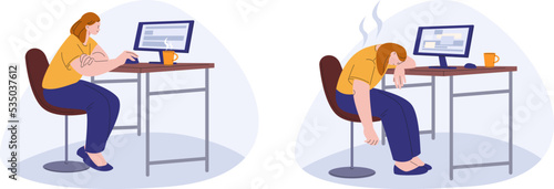 Burnout office worker. Active and tired entrepreneur at work. Sick or sad woman, working stress frustration. Mental health and deadline kicky vector character