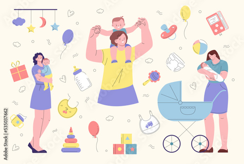 Motherhood scenes and baby elements. Woman hold newborn, breastfeeding and pregnancy. Kicky happy mothers and children vector set. Diapers, feeding bottles and toys
