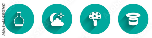 Set Bottle with potion, Moon and stars, Psilocybin mushroom and Magic hat icon with long shadow. Vector