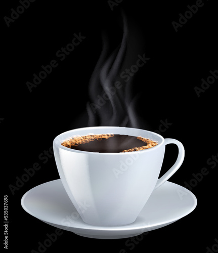 Coffee cup 3d isolated with hot white smoke front view object, espresso ceramic mug on black background