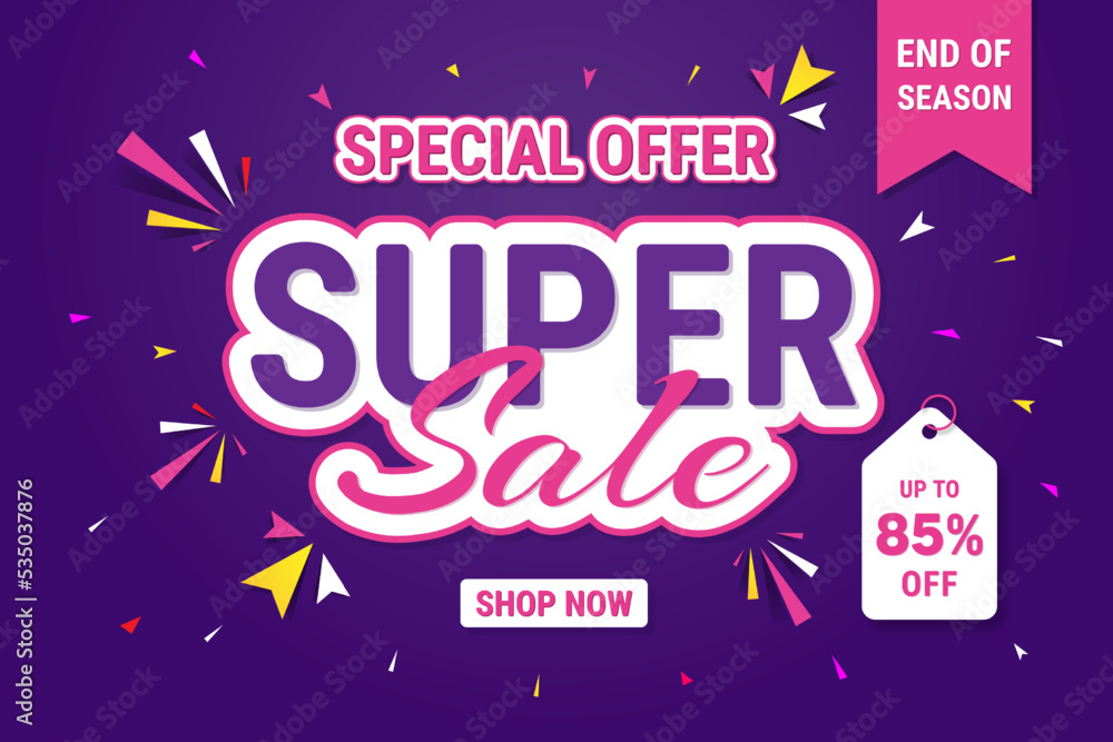 Super sale banner design for discount promotion, Up to 85% percentage off Sale. Discount offer price sign. Special offer symbol. Vector illustration of a discount tag badge