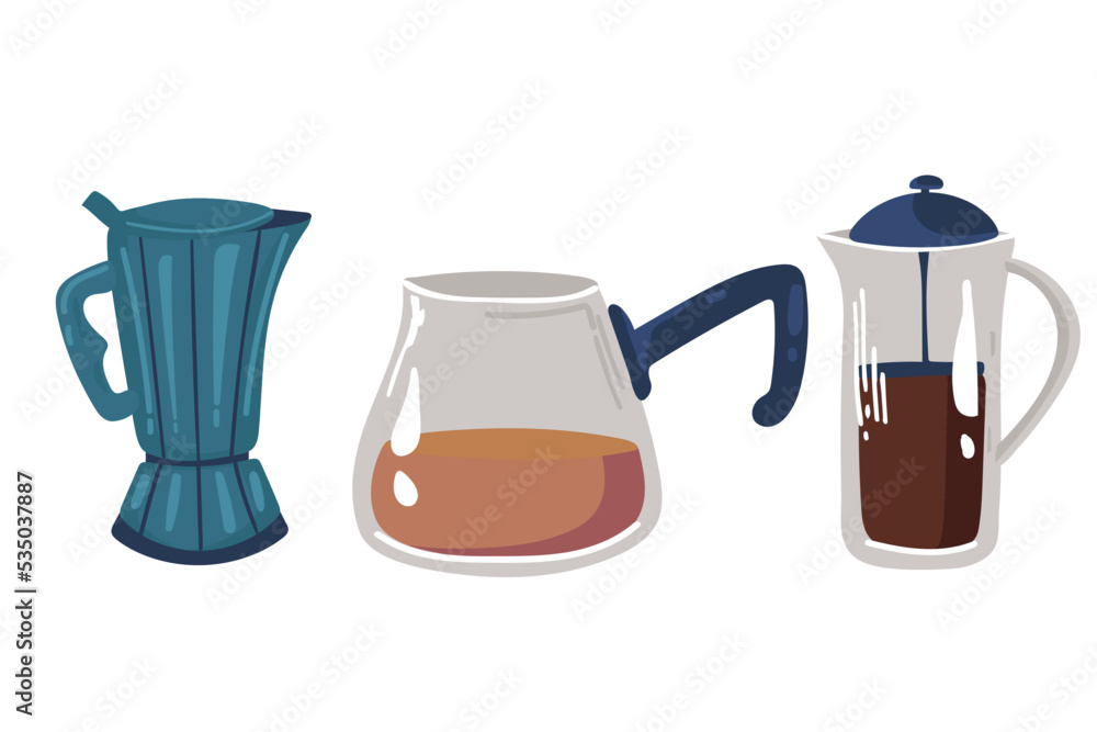 set of icons in flat style. Stylish coffee set of icons. Italian coffee maker Teapot with coffee set of icons in flat style. Stylish coffee set of icons. Italian coffee maker Teapot with coffee