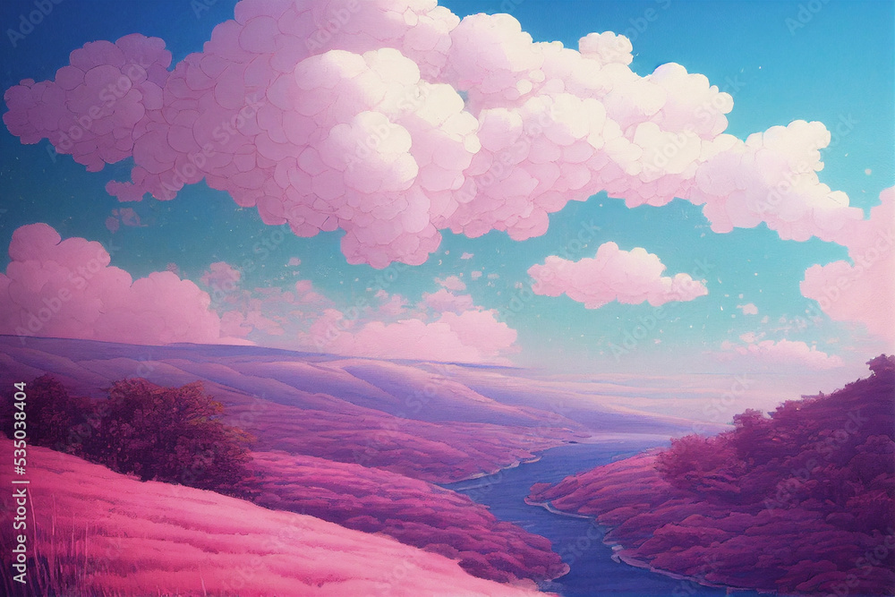 fantasy pink pastel anime style landscape, digital illustration Stock