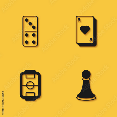 Set Domino, Chess pawn, Table football and Playing cards icon with long shadow. Vector