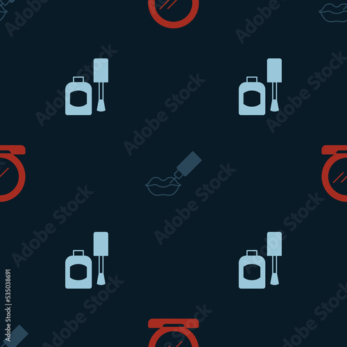 Set Makeup powder with mirror, Lip augmentation and Bottle of nail polish on seamless pattern. Vector