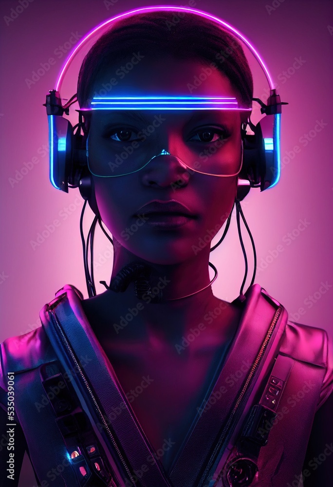 protest hænge Alvorlig A fictional portrait of a ebony girl wearing a cyberpunk headset and  cyberpunk gear. High-tech futuristic man from the future. The concept of virtual  reality and cyberpunk. 3D render Stock-illustration | Adobe