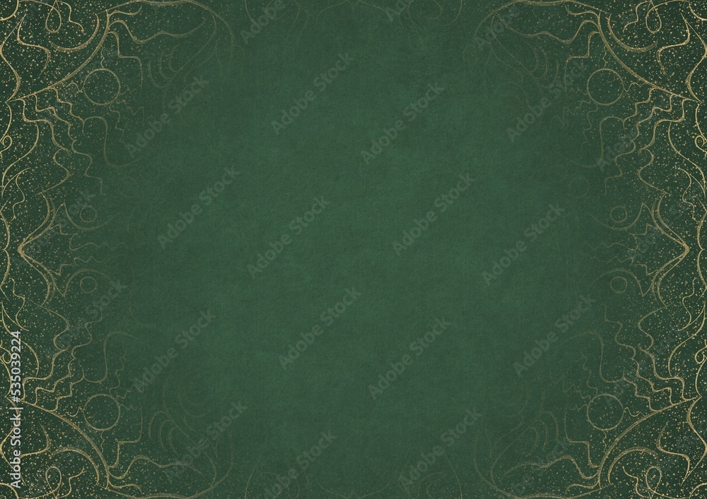 Warm green textured paper with vignette of golden hand-drawn pattern and golden glitter splatter. Copy space. Digital artwork, A4. (pattern: p07-1a)
